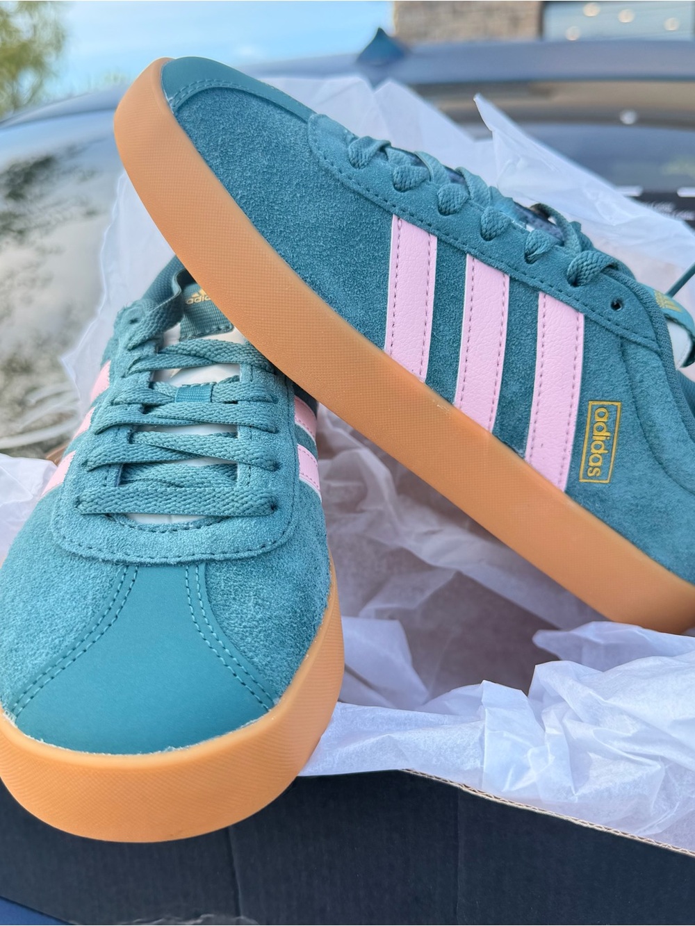 adidas Teal Suede Sneakers with Pink Stripes and Orange Gum Sole - Picture 3 of 7